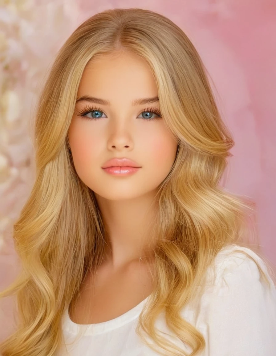 1 young American girl 12 years old, Beautifull, Alone,  your voice is clear, long blonde hair, long and blond hair,with a subtle rosy glow on her cheeks, and carries himself with an air of elegance and poise. His eyebrows are arched and well groomed.., and her eyelashes are long and dark, highlighting her captivating brown eyes. Despite his elegant demeanor, there is an underlying force in his gaze.