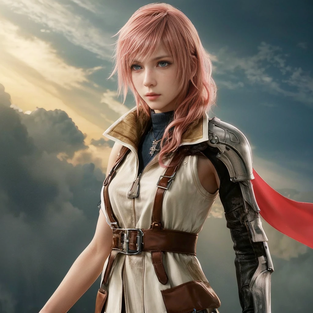 Eclair Farron, (Final Fantasy XIII), light blue eyes, (best quality, ultra-detailed), (realistic:1.37), beautiful and detailed face, ultra-realistic texture, delicate face, delicate body, red lipstick, bright colors. High definition, 8K