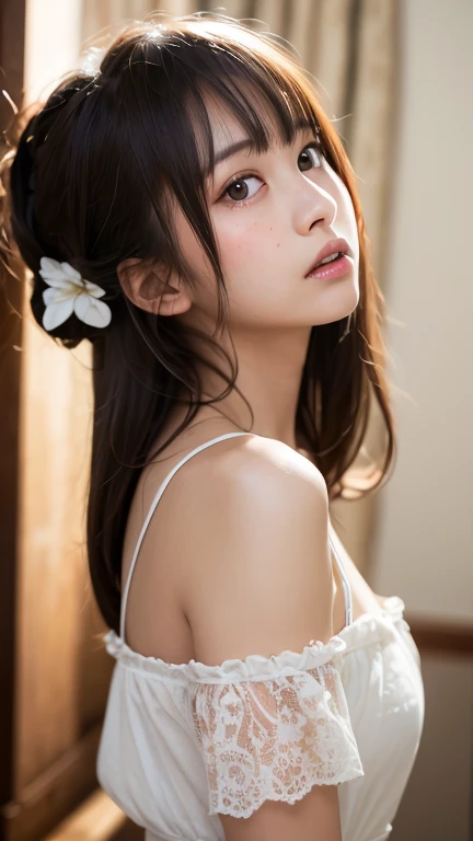 (1 nogizaka girl,masterpiece, Best image quality, high quality, ultra High resolution,High resolution,detailed, highly detailed, super detailed,3D Rendering,Unreal Engine,unity 8k wallpaper:1.3),One Girl,Japanese Girls,beautiful girl,incredible beautiful girl,(Facing the children_v1:0.4),  (Robe Dress,Japanese Idols,from the front,View your viewers,whole body:1.2),Confused, detailed eyes, detailed skin, Beautiful Skin,so beautiful,Small face,Oval Face,Beautiful eyelashes,detailed eyelashes,detailed face,The finer details, Bright lighting,Professional Lighting,Thin eyebrows,Face of anguish,Cleavage、Small breasts、detailedな目の解像度、Cleavageに流れる汗、low twintails、Hot Spring Town、freckles