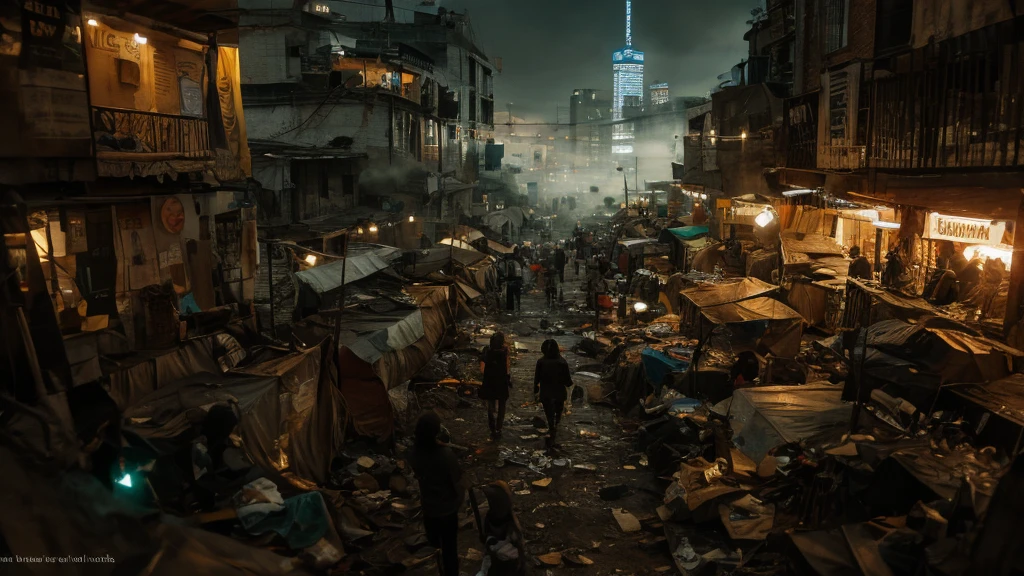 (Best quality,panorama,ultra detailed,A high resolution,masterpiece:1.2,)streets of the underground city, filled with people and gloomy green smoke,post-apocalyptic,