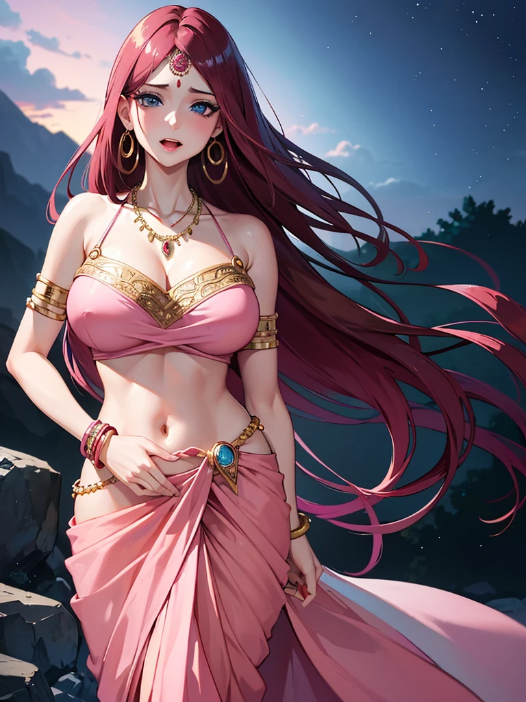 (absurderes, A high resolution, Ultra detailed, hdr), Masterpiece, Best quality, Portrait of an Indian uzumaki_kushina, extreme realistic very beautiful, animated style, closeup shot, anime in a(((pink))) indian dress (((saree))), long black wavy hair untied, head jewellery, necklace, earings, armlets, bangles and bracelets, rings, pleasant expression, bright big blue eyes, natural beauty, vibrant colors,night sky, romantic, soft lighting, vintage aesthetic,huge breast,navel, cleavage ,standing ,mouth open, saliva,tongue out,face on front