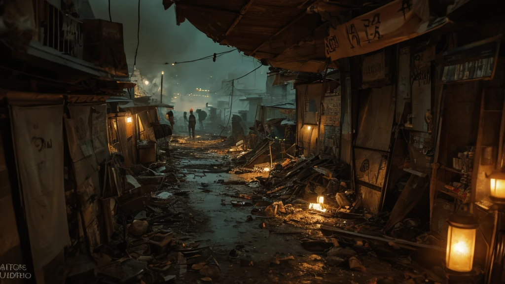 (Best quality,panorama,ultra detailed,A high resolution,masterpiece:1.2,)streets of the underground city, filled with people and gloomy green smoke,post-apocalyptic,