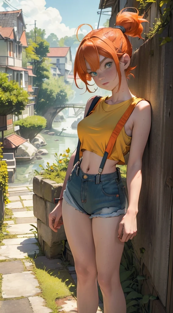 masterpiece,High resolution,8K,Detailed anatomy
(Misty_Pokemon)(1 18-year-old girl)
(Berry Short,Orange Hair,one side up hair,Big green eyes,Small breasts,Skinny)
(Yellow sleeveless T-shirt,Belly button exposed,Denim hot pants,Red suspenders,sneakers)
I can feel the spirit in my eyes.,Stadium Ground