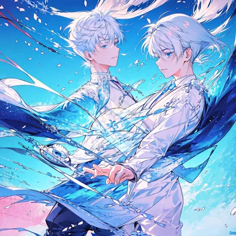 masterpiece , best quality ,suit , ice , sword , anime , sky , glass , cool , king, 1boy, white hair, blue eyes, White suit