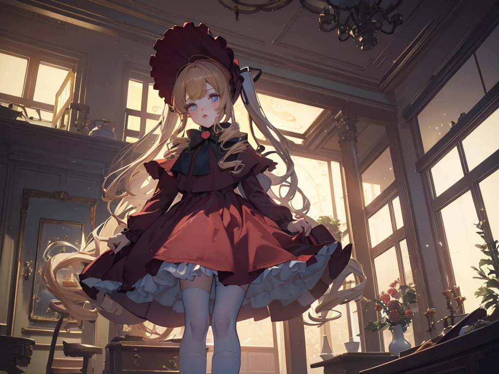 bonnet, red dress,white pantyhosecup, black footwear, (masterpiece, Absurd quality, Highest quality, Official Art, beautifully、aesthetic:1.2), 16K, Cute  girl, Very detailed, Digital Art, colorful, Most detailed, Bright colors, (Conversion Sequence), Baby Face, Cinema Lighting, (From below:1.5), Dynamic Angle, landscape, scenery, (difficult:1.5), (One girl:1.5), (indoor:1.5), Bedroom, lamp, (Hotel Rooms:1.3), (Very detailed lips:1.3), eyelash, Very detailed顔, (Perfect Legs, Perfect hands, Perfect Anatomy：1.1), Depth of written boundary, Speckled sunlight, Beautiful lighting, Little,