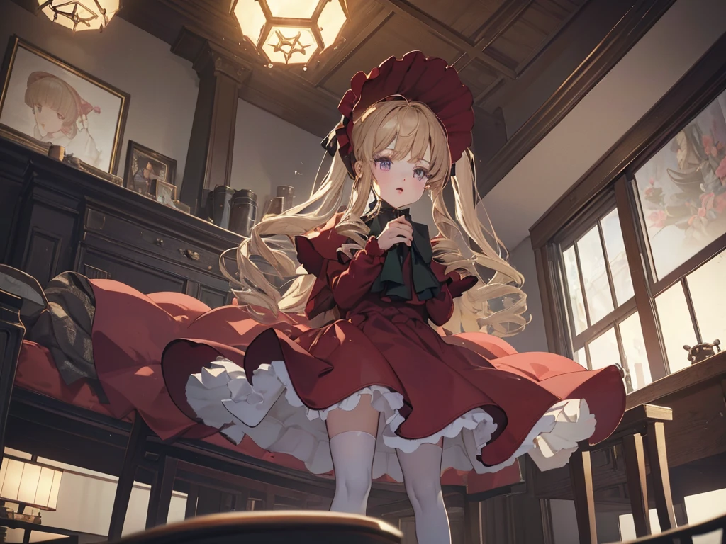 bonnet, red dress,white pantyhosecup, black footwear, (masterpiece, Absurd quality, Highest quality, Official Art, beautifully、aesthetic:1.2), 16K, Cute  girl, Very detailed, Digital Art, colorful, Most detailed, Bright colors, (Conversion Sequence), Baby Face, Cinema Lighting, (From below:1.5), Dynamic Angle, landscape, scenery, (difficult:1.5), (One girl:1.5), (indoor:1.5), Bedroom, lamp, (Hotel Rooms:1.3), (Very detailed lips:1.3), eyelash, Very detailed顔, (Perfect Legs, Perfect hands, Perfect Anatomy：1.1), Depth of written boundary, Speckled sunlight, Beautiful lighting, Little,