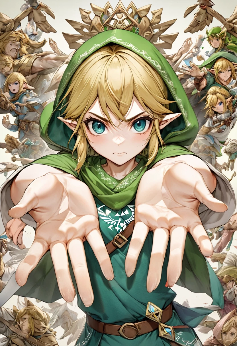 (Highest quality,Extremely detailed depiction,Incredibly absurd high resolution,Anatomically accurate depiction,Two lovely hands, Five perfect fingers),The Legend of Zelda,Link,Deformation,Anime Art,Swinging the Sword