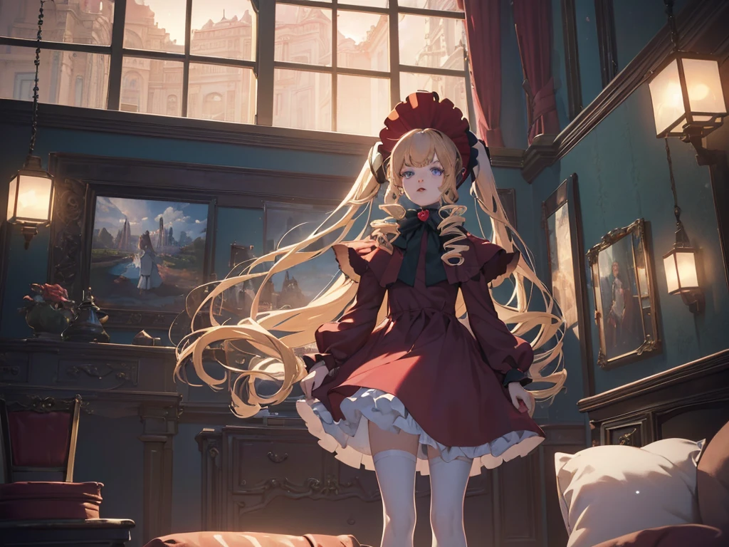 bonnet, red dress,white pantyhosecup, black footwear, (masterpiece, Absurd quality, Highest quality, Official Art, beautifully、aesthetic:1.2), 16K, Cute  girl, Very detailed, Digital Art, colorful, Most detailed, Bright colors, (Conversion Sequence), Baby Face, Cinema Lighting, (From below:1.5), Dynamic Angle, landscape, scenery, (difficult:1.5), (One girl:1.5), (indoor:1.5), Bedroom, lamp, (Hotel Rooms:1.3), (Very detailed lips:1.3), eyelash, Very detailed顔, (Perfect Legs, Perfect hands, Perfect Anatomy：1.1), Depth of written boundary, Speckled sunlight, Beautiful lighting, Little,