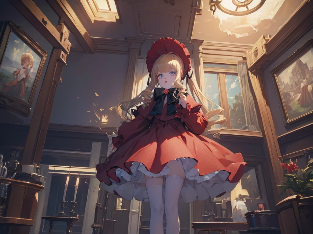 bonnet, red dress,white pantyhosecup, black footwear, (masterpiece, Absurd quality, Highest quality, Official Art, beautifully、aesthetic:1.2), 16K, Cute  girl, Very detailed, Digital Art, colorful, Most detailed, Bright colors, (Conversion Sequence), Baby Face, Cinema Lighting, (From below:1.5), Dynamic Angle, landscape, scenery, (difficult:1.5), (One girl:1.5), (indoor:1.5), Bedroom, lamp, (Hotel Rooms:1.3), (Very detailed lips:1.3), eyelash, Very detailed顔, (Perfect Legs, Perfect hands, Perfect Anatomy：1.1), Depth of written boundary, Speckled sunlight, Beautiful lighting, Little,