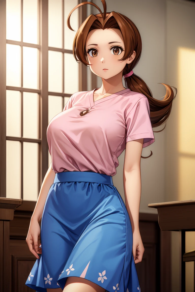 deliaketchum, deliaketchum, brown hair, (brown eyes:1.7), parted bangs, (ahoge:1.5), ponytail, low ponytail,
BREAK shirt, (pink shirt:1.2), short sleeves, skirt, blue skirt, long skirt,
BREAK indoors,
BREAK looking at viewer, (cowboy shot:1.5),
BREAK (masterpiece:1.2), best quality, high resolution, unity 8k wallpaper, (illustration:0.8), (beautiful detailed eyes:1.6), extremely detailed face, perfect lighting, extremely detailed CG, (perfect hands, perfect anatomy),