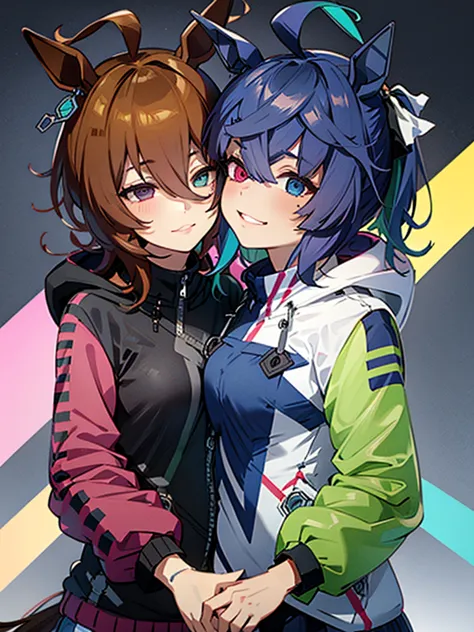 (​top-quality、hight resolution), Create an image of LoRa①'s character and LoRa②'s character embracing each other warmly. The sce...