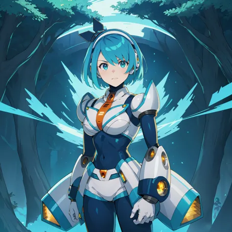 rico_megamanxdive, 1girl, solo, blue eyes, short hair, blue hair, android, high quality, masterpiece, standing with green flames...