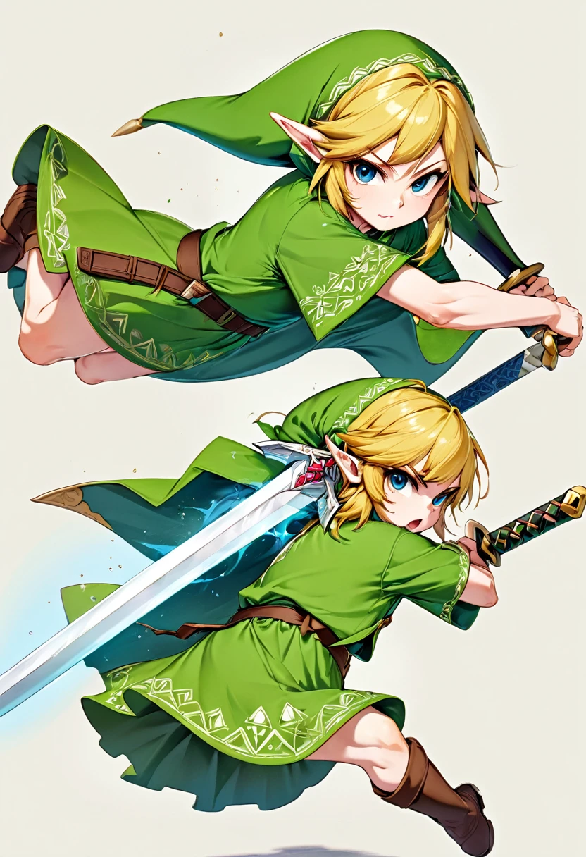 (Highest quality,Extremely detailed depiction,Incredibly absurd high resolution,Anatomically accurate depiction,Two lovely hands, Five perfect fingers),The Legend of Zelda,Link,Deformation,Anime Art,Swinging the Sword