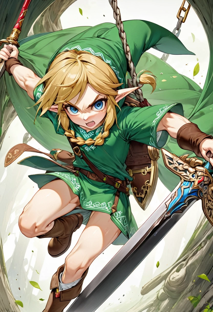 (Highest quality,Extremely detailed depiction,Incredibly absurd high resolution,Anatomically accurate depiction,Two lovely hands, Five perfect fingers),The Legend of Zelda,Link,Deformation,Anime Art,Swinging the Sword