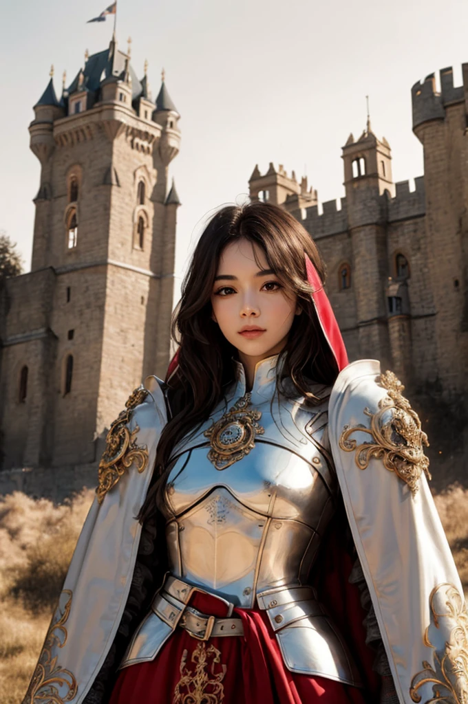 upper body focus, beautiful face, medieval setting, beautiful female knight wearing silver full body plate armor, brown long hair, facing the camera, beautiful golden brown eyes, castle in the background, ornate armor decorated in lion theme, red cloak