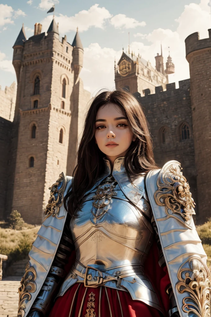 upper body focus, beautiful face, medieval setting, beautiful female knight wearing silver full body plate armor, brown long hair, facing the camera, beautiful golden brown eyes, castle in the background, ornate armor decorated in lion theme, red cloak