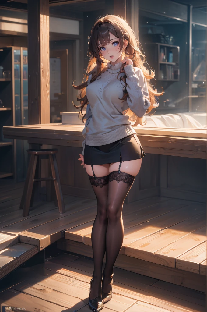 (random porn pose),(random hairstyle),(Highest image quality,(8k),ultra-realistic,best quality, high quality, high definition, high quality texture,high detail,beautiful detailed,fine detailed,extremely detailed cg,detailed texture,a realistic representation of the face,masterpiece,Sense of presence),sweater,tight mini skirt,stockings,Engineer boot