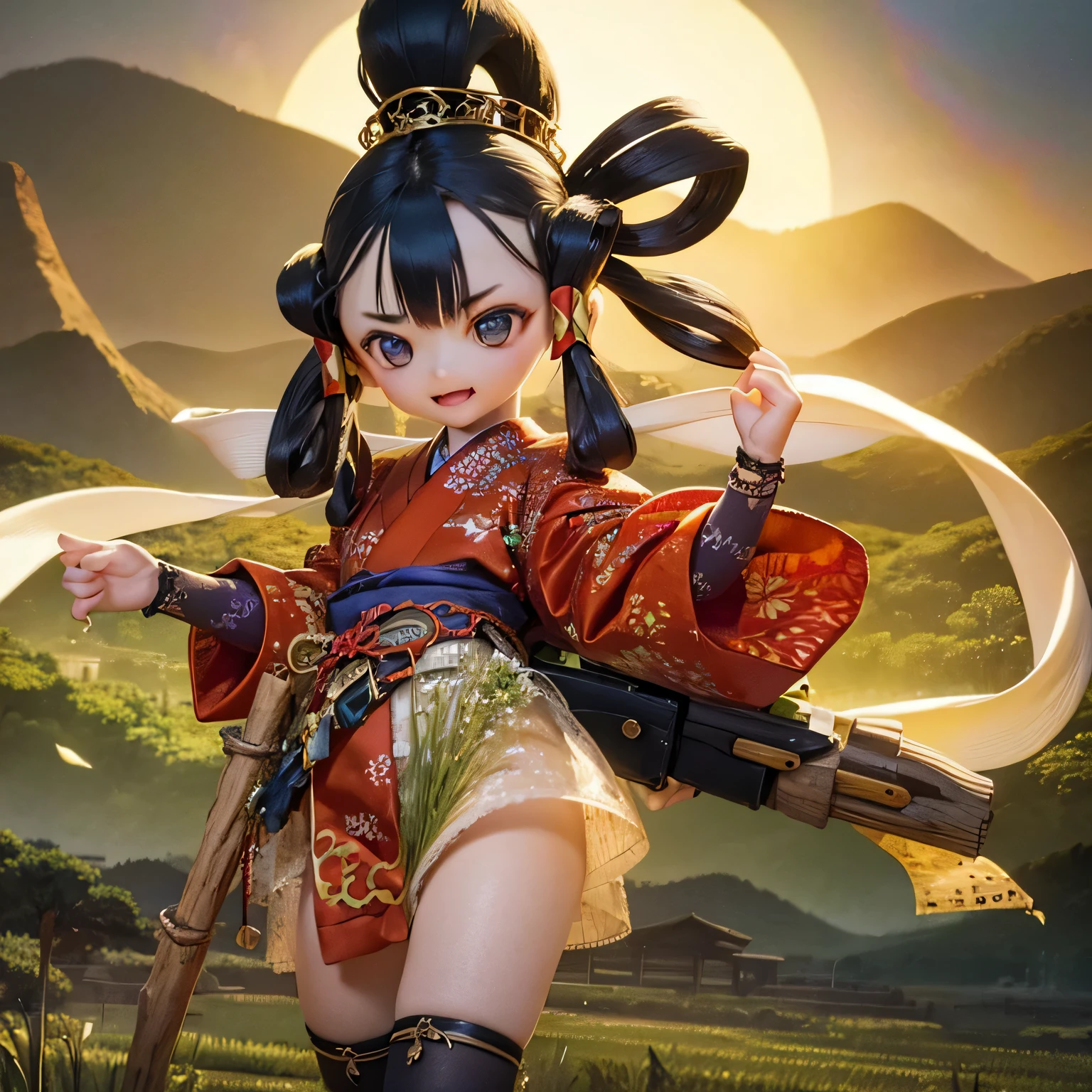 una hermosa joven, 1 chica, sakunahime, ropa tradicional japonesa, kimono adornado detallado, patrones intrincados, facciones delicadas, pose elegante, expresión serena, flotando en un exuberante campo de arroz verde, paisaje japonés, montañas al fondo, realismo magico, luz brillante, etéreo, místico, divino, 8K, alta calidad, obra maestra, cinematográfico, Colores vibrantes, iluminación dramática