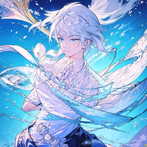 masterpiece , best quality , 1boy, white hair, blue eyes, White suit , ice , sword , anime , sky , glass , king