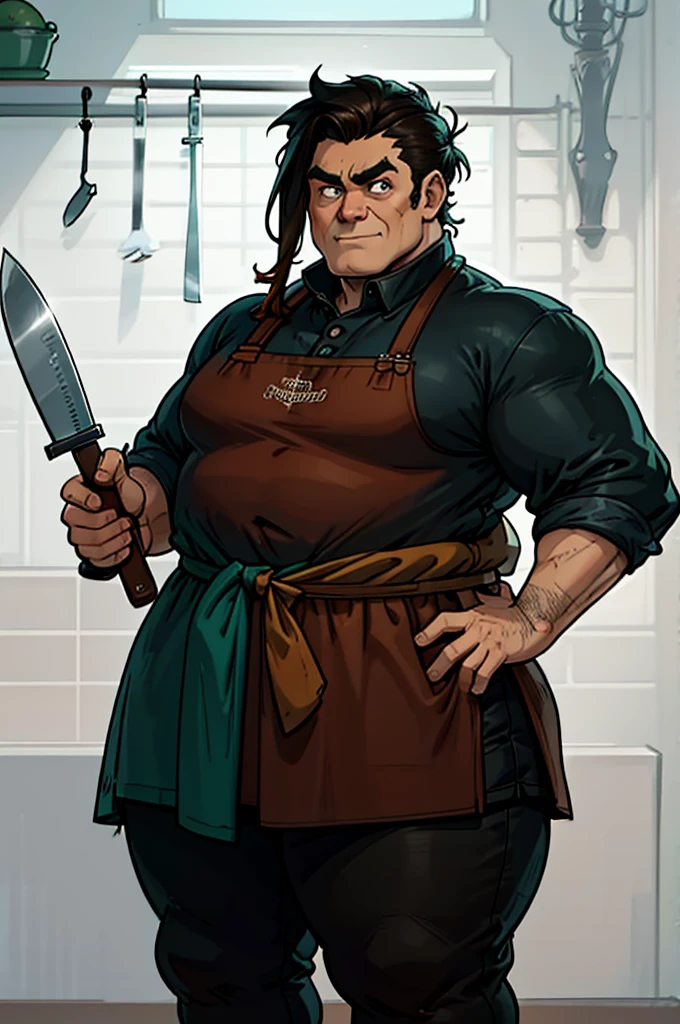 a cartoon image of a man with a knife in his hand, big Metzger man posing scarily, Ogre chef in an apron, Illustration concept art, extremely realistic concept art, realistic character concept art, He has big knives on his belt, Concept art illustration, Concept art by Greg Rutkowski, extremely detailed concept art, Metzger, professional concept art, senior concept artist