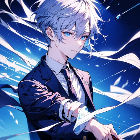 masterpiece , best quality , 1man , suit , white , ice , sword , anime , sky , glass , cool , king,