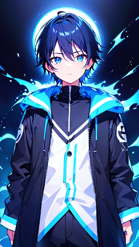 [(BLACK BACKGROUND:1.5),::5], ((((masterpiece)))), high quality, ultra very high resolution, full color, (((solo))), ((little boy)), BLACK hair, (Blue streaked hair), (oriental deepblue eyes), anime, ((upper body)), Summer clothes, neon light, black parka, 