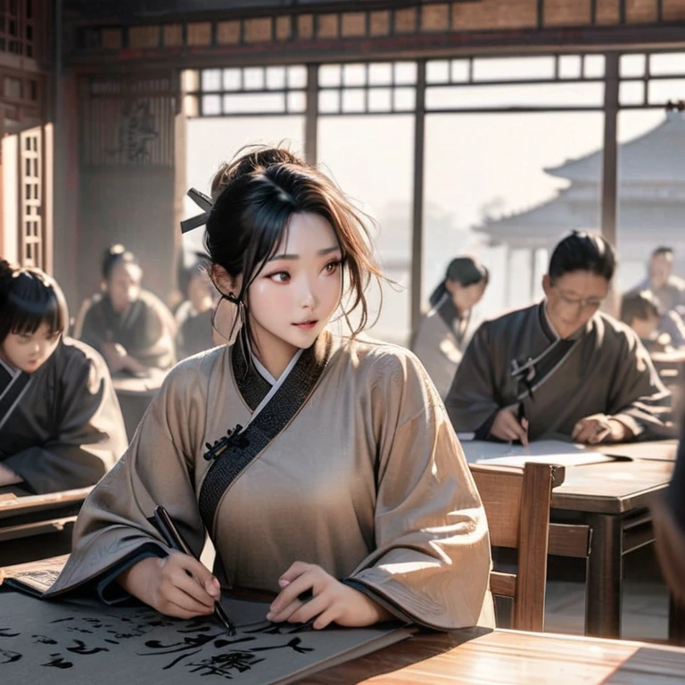 high quality, 8k, ultra-detailed, photorealistic, masterpiece, realistic, cinematic lighting, intricate details, ancient chinese school classroom, male teacher instructing students, traditional chinese architecture, calligraphy, ink wash painting, warm color tones, natural sunlight, students wearing traditional chinese clothing, focused expressions, teacher's authoritative yet compassionate demeanor, classical chinese landscape in background, delicate textures, depth of field