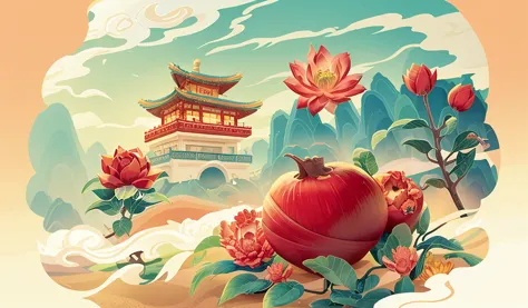 A red pomegranate, flowers and leaves, with a Chinese style, a colorful cartoon hand-drawn illustration