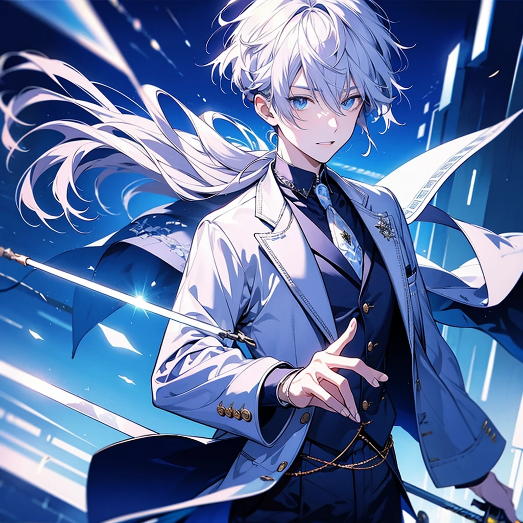 masterpiece , best quality , 1man , suit , White , ice , sword , anime , sky , glass , cool , king,