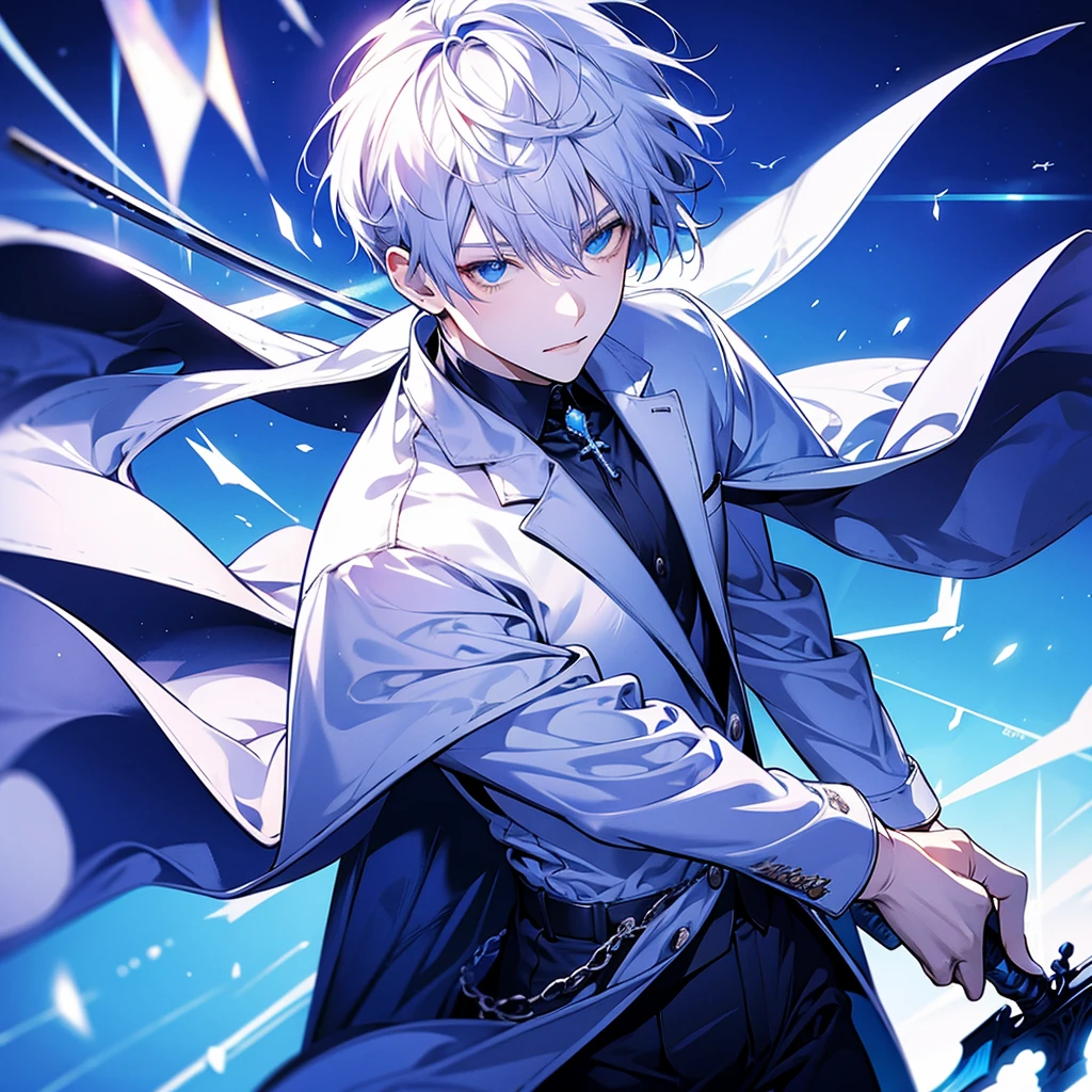 masterpiece , best quality , 1man , suit , White , ice , sword , anime , sky , glass , cool , king,