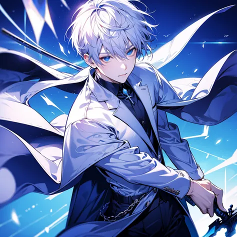 masterpiece , best quality , 1man , suit , White , ice , sword , anime , sky , glass , cool , king,