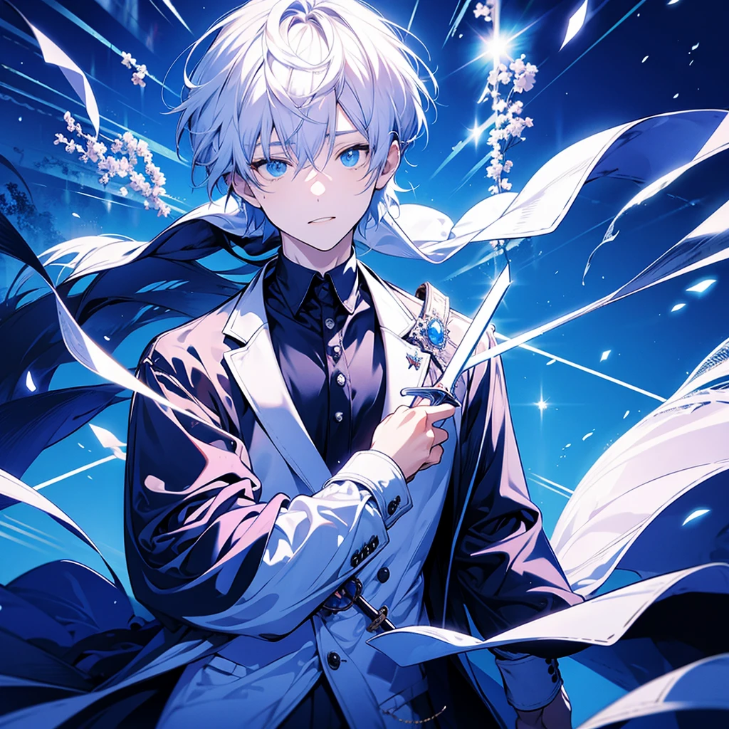 masterpiece , best quality , 1man , suit , White , ice , sword , anime , sky , glass , cool , king,