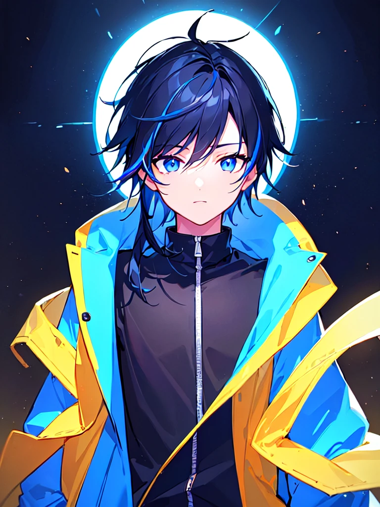 [(BLACK BACKGROUND:1.5),::5], ((((masterpiece)))), high quality, ultra very high resolution, full color, (((solo))), ((little boy)), BLACK hair, (Blue streaked hair), (oriental deepblue eyes), anime, ((upper body)), Summer clothes, neon light, black parka, 