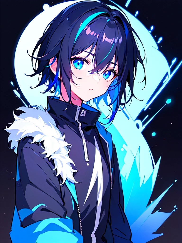 [(BLACK BACKGROUND:1.5),::5], ((((masterpiece)))), high quality, ultra very high resolution, full color, (((solo))), ((little boy)), BLACK hair, (Blue streaked hair), (oriental deepblue eyes), anime, ((upper body)), Summer clothes, neon light, black parka, 