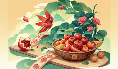 A red pomegranate, flowers and leaves, with a Chinese style, a colorful cartoon hand-drawn illustration