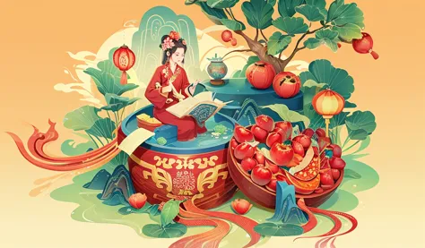 A red pomegranate, flowers and leaves, with a Chinese style, a colorful cartoon hand-drawn illustration