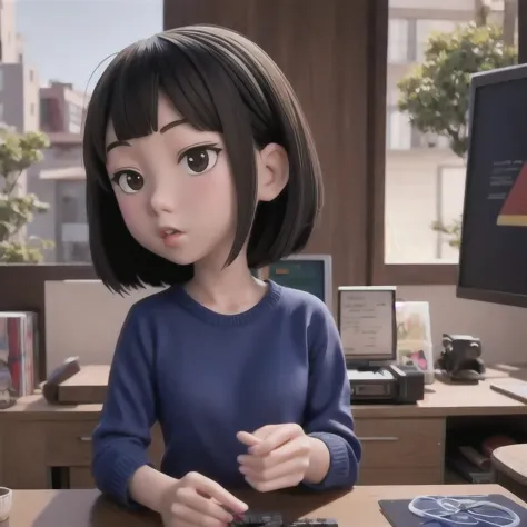rafed  asian girl in a sweater looking at a computer screen, screenshot from a movie, the hime cut, still from a live action mov...