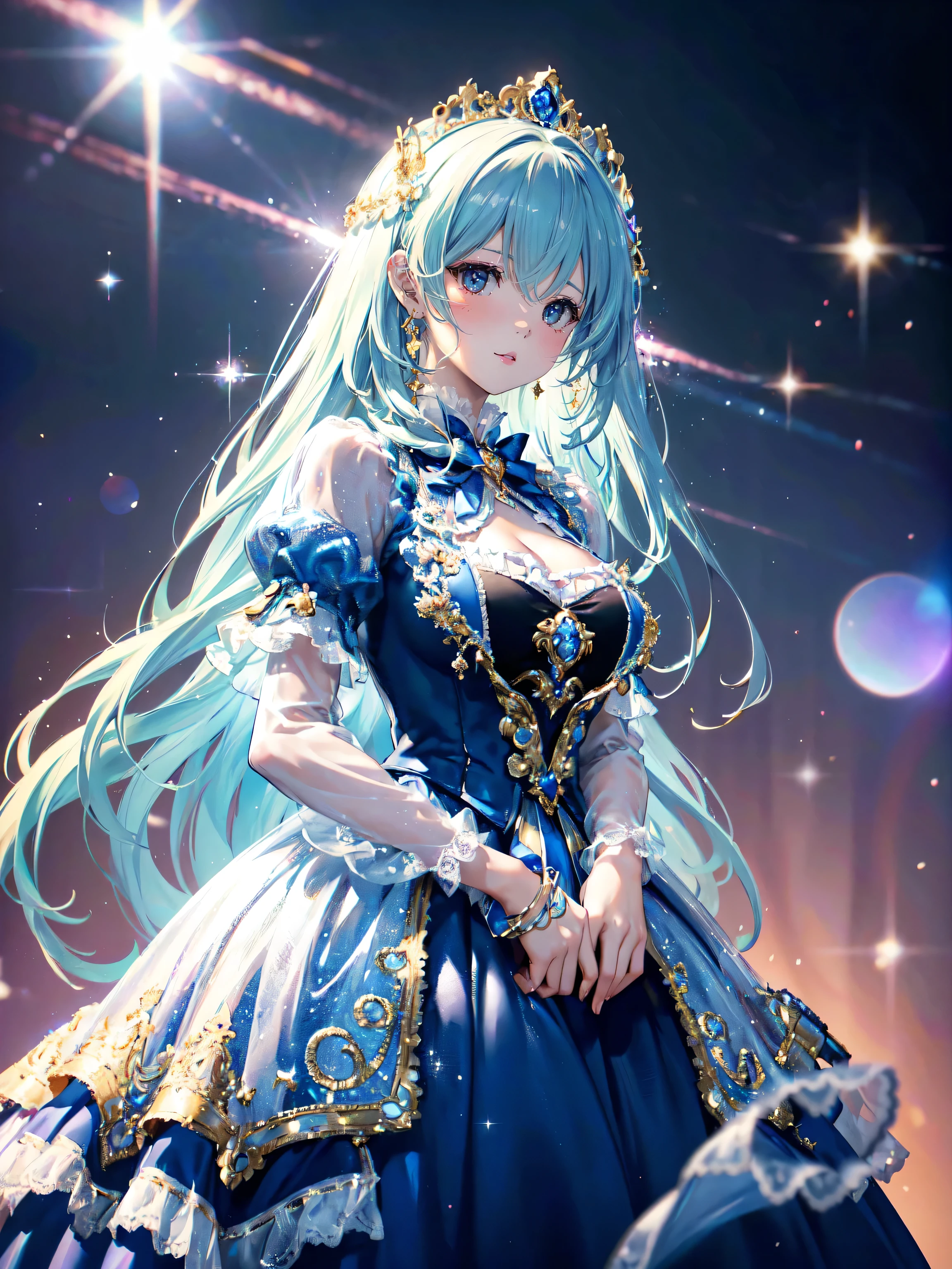 (anime moe art style:1.3), (Masterpiece, ultra detailed, top quality, ultra high res, Spectacular Quality, Distinguished Quality, unity 16k, 32k, ultra photo realistic:1.5), (((dress transparent dress))), (((Unsurpassed gorgeous rococo victorian gown with voluminous hoopskirt and long hems, princess style skirt))), ((((gown ultra elaborate gown))), (gown brilliances dazzlingly glitter reflective prismatic transparency gown), (((Expressive hair, very voluminous and very long hair))), bangs, super delicate and beautiful face, beautiful lips, (hyper detail delicate beautiful eyes blue eyes), (huge , breasts cleavage:1.5), beautiful smile, (((young face, solo Captivating Adorable princess, teen girl, cute girl, very cute teen girl))), (face focus, eye focus, realistic, blurry background), (Lens Flare, Glow, Light caustics effect), 