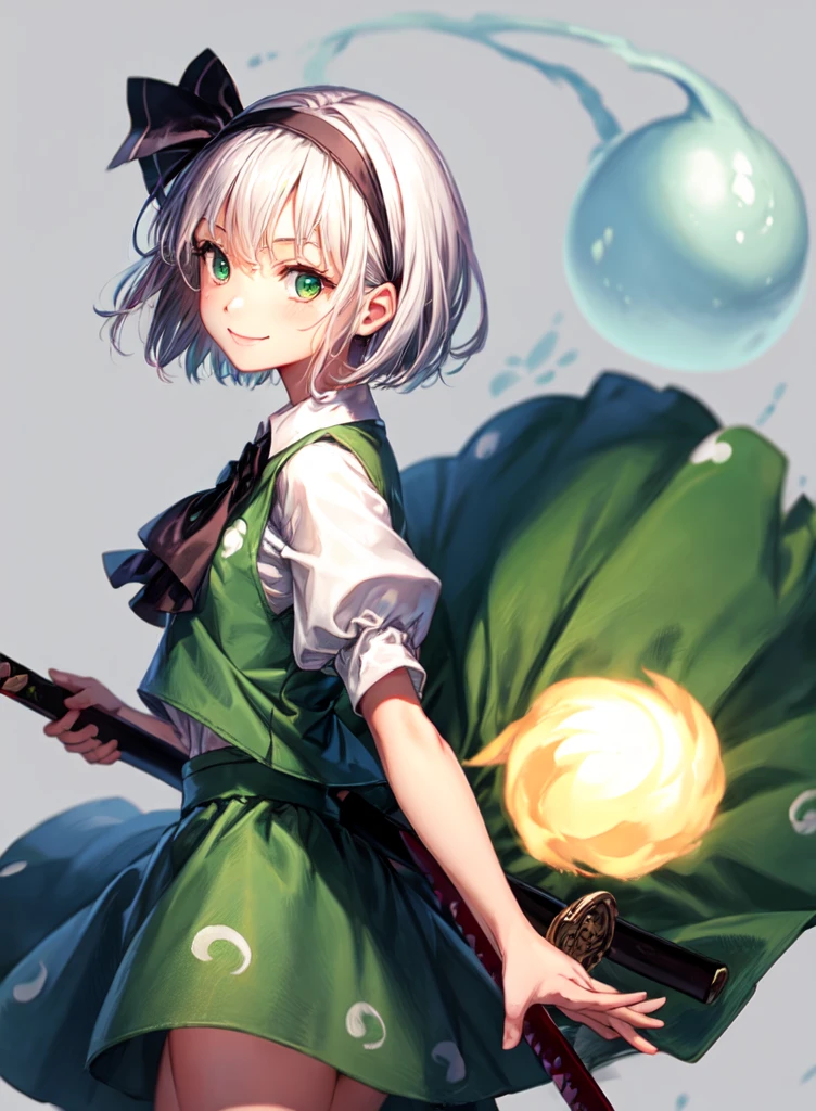 masterpiece, best quality, 1girl, white hair,short hair,hair ribbon,hairband, green eyes,bow,white shirt,green vest,green skirt,cowboy shot, smile,konpaku youmu (ghost),grey background, weapon, sword,