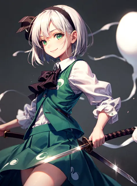 masterpiece, best quality, 1girl, white hair,short hair,hair ribbon,hairband, green eyes,bow,white shirt,green vest,green skirt,...