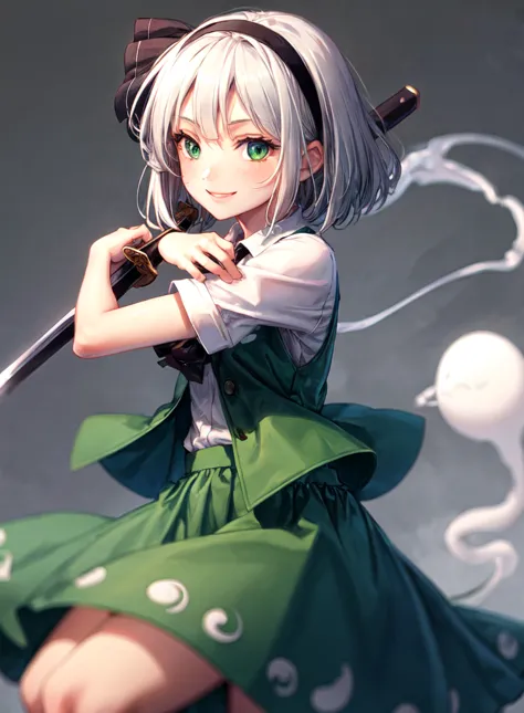 masterpiece, best quality, 1girl, white hair,short hair,hair ribbon,hairband, green eyes,bow,white shirt,green vest,green skirt,...