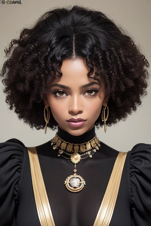 Afro-Pessimist erstellen, Mädchen, verrückte Frisur, afro, großes, wildes, lockiges schwarzes Haar, Lockige haare, Hautbräunung, Beyoncé-Stil, schwarz-gemischte Frau, langes, lockere Haare, Blick, GESICHTSPLAN, ZWINKER IN DIE KAMERA, Zwinkern und Diva, Kuss the caméra, Kuss, modische Luxus-Mädchen, helles Licht, klare Details, scharfe Details, Viele Details, sehr hochwertig, 4K, GUCCI, Illustration, elegant, Chanel, Ancienne monnaie, alter Luxus-Stil von Robert McGinnis ist zurück, scharfe Details, Viele Details, sehr hochwertig, Illustration, aquarelle, couleur d&#39;Begleitung, lächelt, joli, Mittlere Aufnahme,