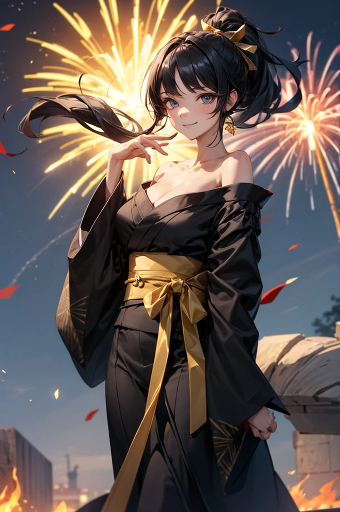 1girl, black gold kimono, from front, off shoulder, shoulder blades, outdoors, night, fire works, seductive smile, looking at viewer, ponytail, onyx black hair, gold ribbon, best quality, masterpiece, (realistic:0.8), detailed face, beautiful eyes, full body shot