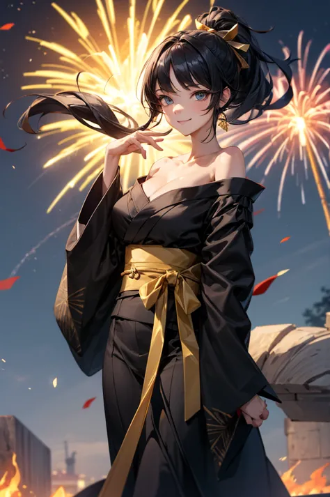 1girl, black gold kimono, from front, off shoulder, shoulder blades, outdoors, night, fire works, seductive smile, looking at vi...