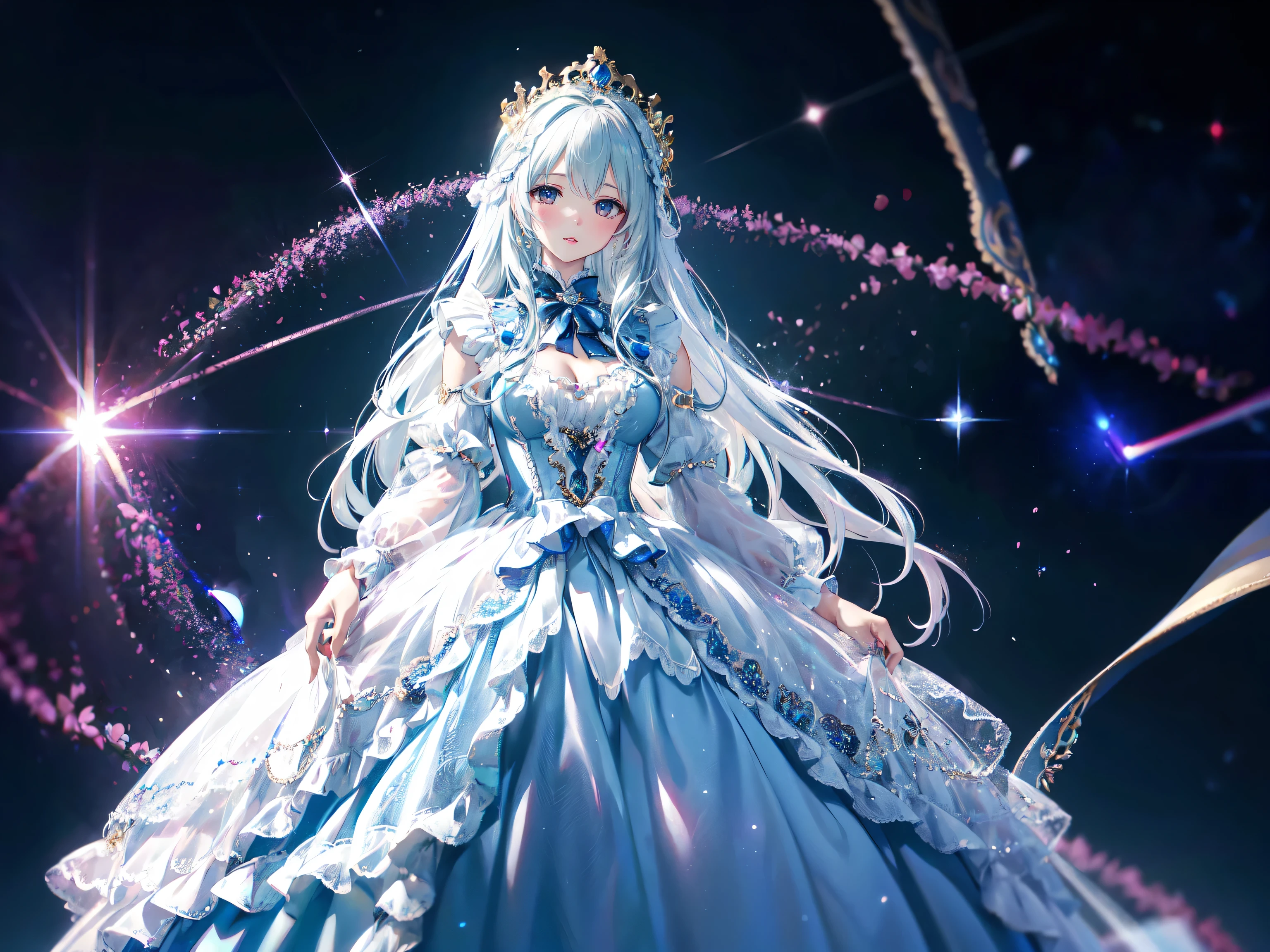 (anime moe art style:1.3), (Masterpiece, ultra detailed, top quality, ultra high res, Spectacular Quality, Distinguished Quality, unity 16k, 32k, ultra photo realistic:1.5), (((dress transparent dress))), (((Unsurpassed gorgeous rococo victorian gown with voluminous hoopskirt and long hems, princess style skirt))), ((((gown ultra elaborate gown))), (gown brilliances dazzlingly glitter reflective prismatic transparency gown), (((Expressive hair, very voluminous and very long hair))), bangs, super delicate and beautiful face, beautiful lips, (hyper detail delicate beautiful eyes blue eyes), (huge , breasts cleavage:1.5), beautiful smile, (((young face, solo Captivating Adorable princess, teen girl, cute girl, very cute teen girl))), (face focus, eye focus, realistic, blurry background), (Lens Flare, Glow, Light caustics effect), 