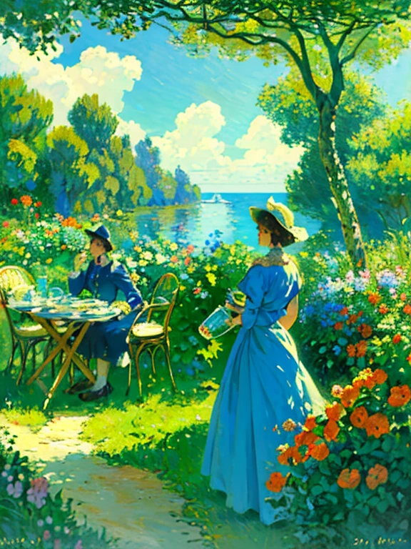 Belle peinture à l&#39;huile des îles Canaries dans le style de Claude Monet、(boisson gazeuse à l&#39;orange, feuilles de menthe, et des bulles. le jaune disparaît et devient bleu. cool. Il existe aussi des pailles colorées, glaçon, placé sur des feuilles vertes, En plein air, ciel bleu clair, beaux nuages、En plein air, ciel bleu clair, beaux nuages