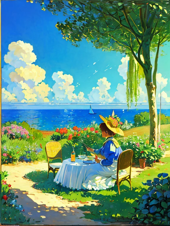 Beautiful oil painting of the Canary Islands in the style of Claude Monet、(soft drink with orange, mint leaves, and bubbles. yellow disappears and turns blue. cool. There are also colored straws, ice cube, placed on green leaves, outdoors, clear blue sky, beautiful clouds、outdoors, clear blue sky, beautiful clouds