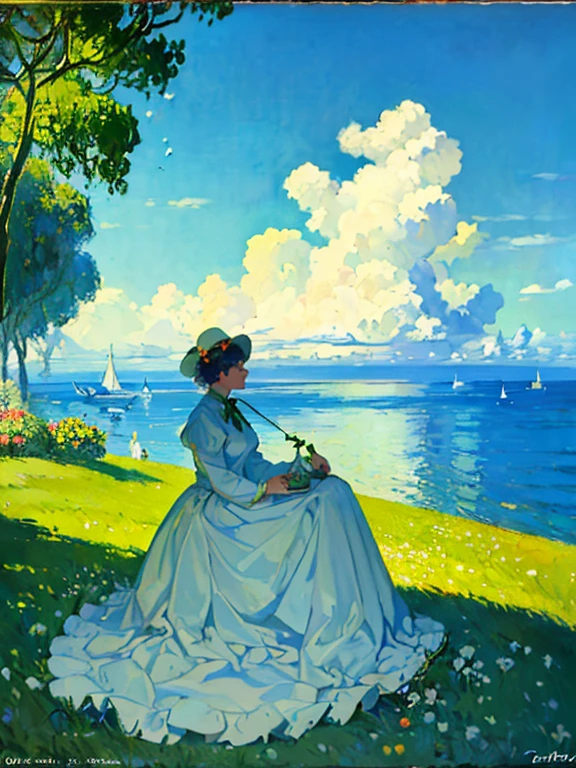 Beautiful oil painting of the Canary Islands in the style of Claude Monet、(soft drink with orange, mint leaves, and bubbles. yellow disappears and turns blue. cool. There are also colored straws, ice cube, placed on green leaves, outdoors, clear blue sky, beautiful clouds、outdoors, clear blue sky, beautiful clouds