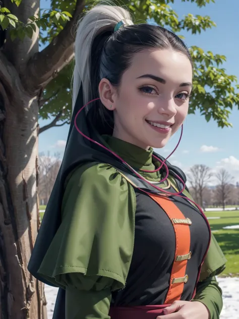 in the wires, black hair, black eyes, ponytail, rainbow cape，green dress, puffy sleeves, looking at viewer,smiling, close up por...