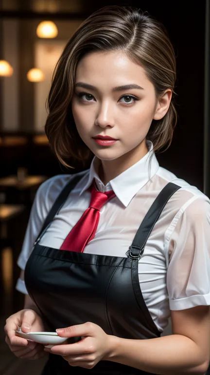 (8K, RAW Photos, 最high quality, masterpiece: 1.2), (Realistic, photoRealistic: 1.37), 1 A woman wearing a waitress uniform stand...